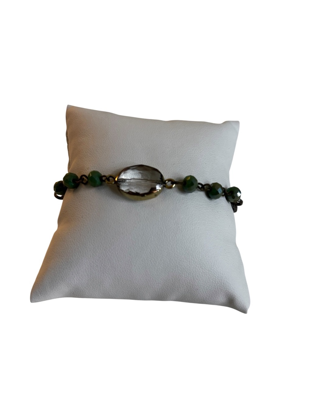 Clear Faceted Oval Agate Stone & Green Glass Beaded Bracelet.